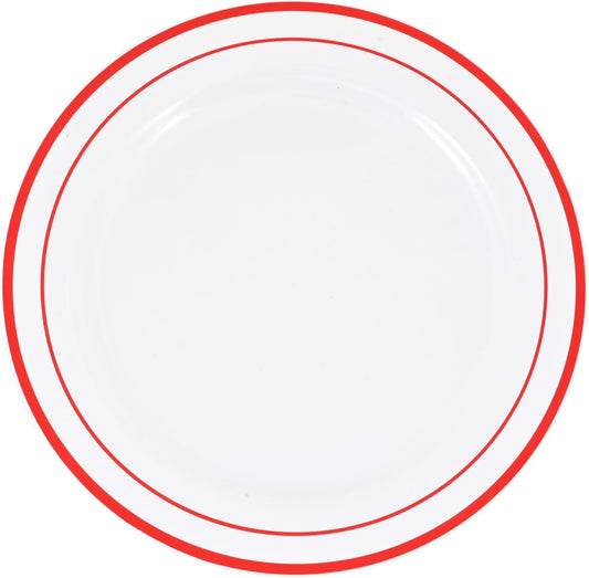 120-Piece Dinner Plastic Plates Set Premium 120 Dinner Plates, Disposable Plates for Party - White Plastic Wedding Plates with Red Rim