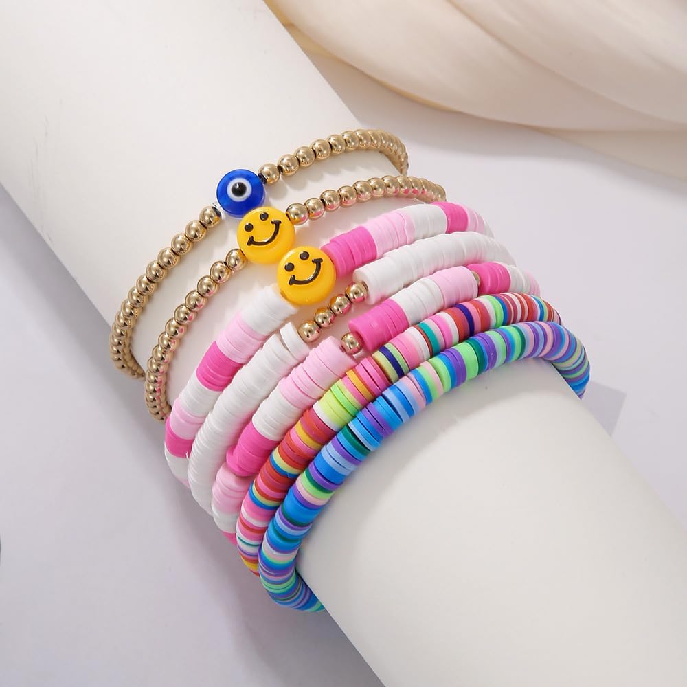Friendship Bracelets for Women - Heishi Surfer Colorful Smile Evil Eye Clay Beaded Stretch Bracelets Elastic Layering - Stackable Boho Disc Y2K Aesthetic Summer Jewelry Set.