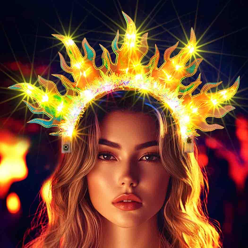 DRESBE Light Up Sun Crown Headband LED Flame Headbands Glow Party Fire Hair Accessories for Women (Yellow Light)