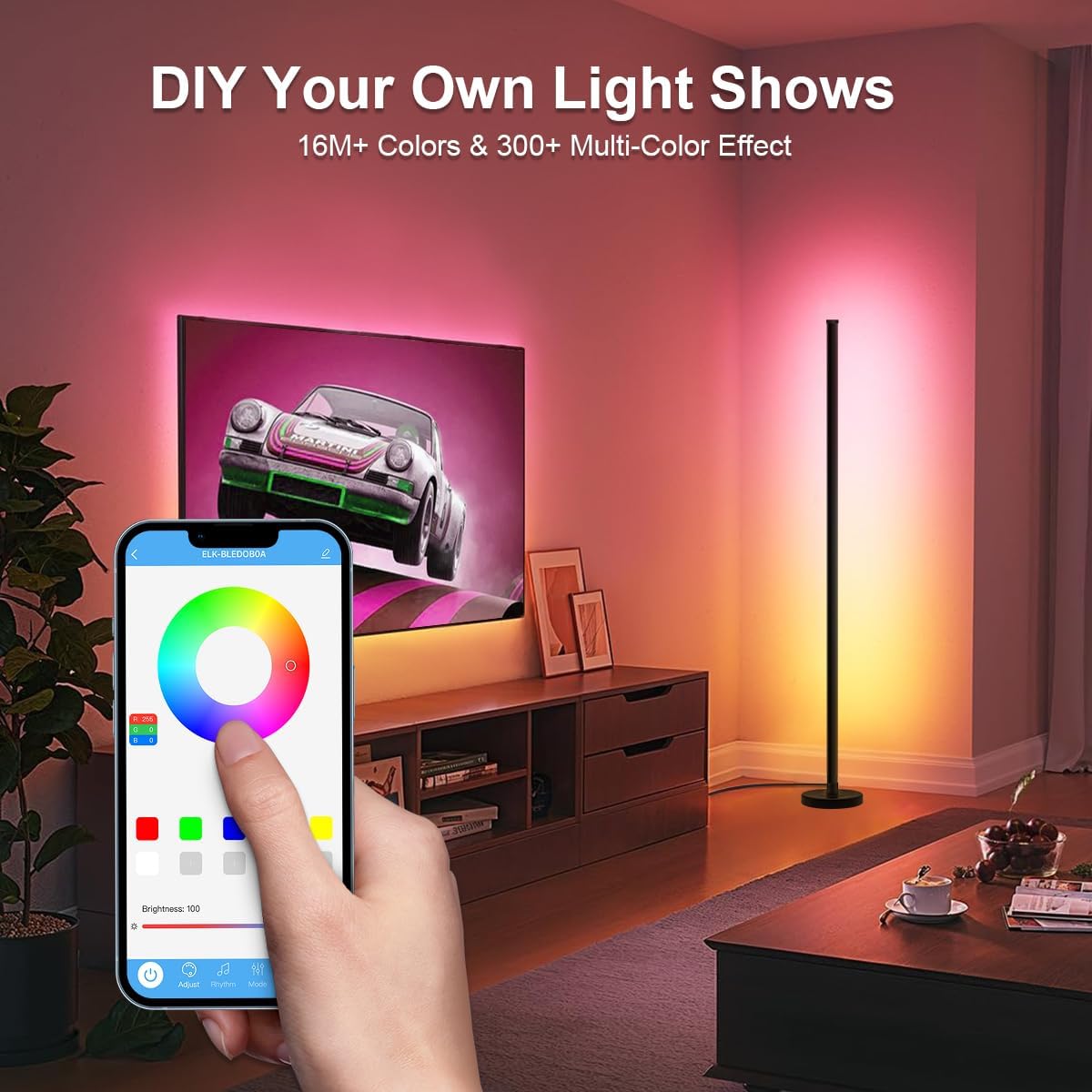 LED Floor Lamp, 63-Inch RGB Corner Light with Music Sync, Smart App Control, 16 Million Colors, Remote Control for Living Room, Bedroom, Gaming Room (1 Pack)