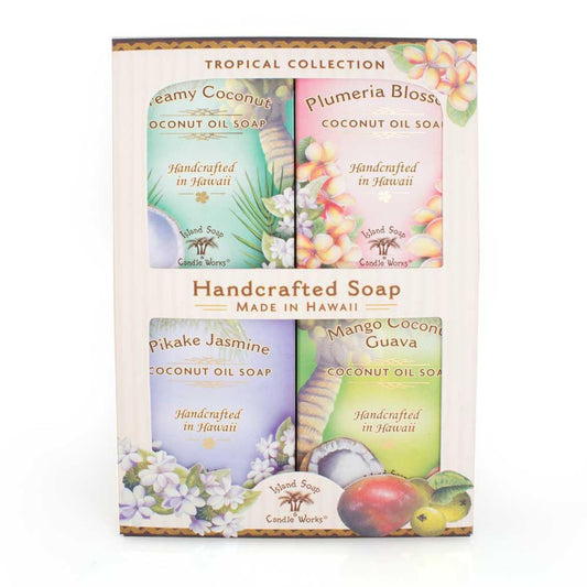 Island Soap & Candle Works Scented Coconut Soap Sample Pack, Four 2oz. Bars, Creamy Coconut, Plumeria, Pikake, Mango Coconut Guava