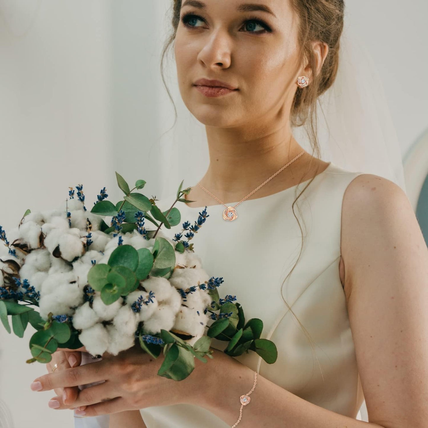 DHQH Cubic Zirconia Teardrop Necklace and Earring Set for Wedding with Crystal Link Bracelet Bridesmaids Jewelry Sets for Women Wedding Party Jewelry for Bridal Bridesmaid