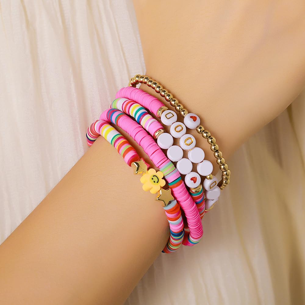 Friendship Bracelets for Women - Heishi Surfer Colorful Smile Evil Eye Clay Beaded Stretch Bracelets Elastic Layering - Stackable Boho Disc Y2K Aesthetic Summer Jewelry Set.