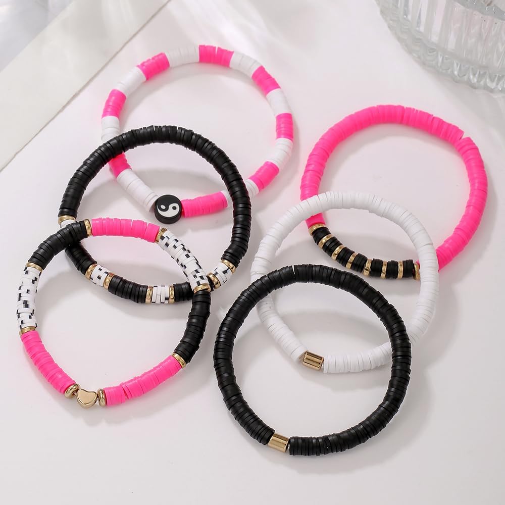 Friendship Bracelets for Women - Heishi Surfer Colorful Smile Evil Eye Clay Beaded Stretch Bracelets Elastic Layering - Stackable Boho Disc Y2K Aesthetic Summer Jewelry Set.