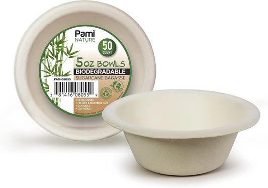 PAMI 100% Biodegradable Sugarcane Bowls [Pack of 50] Natural Compostable Soup Bowls- Planet-Friendly Bagasse Bowls For Hot & Cold Uses- Heavy-Duty Disposable Microwavable Paper Serving Bowls (5 oz.)