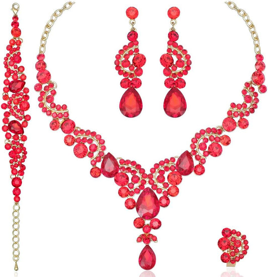 CSY Elegant Crystal Necklace Earrings Bracelet Ring Bridal Wedding Party Costume Jewelry Sets for Brides Women