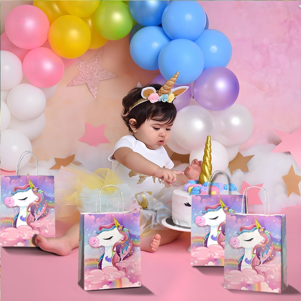 JOYGATHER 24 Pcs Unicorn Party Favor Bags with Handles - Unicorn Goodie Bags Gift Bags. Rainbow Theme Candy Bags, Kraft Paper Bags for Birthday Party Supplies, and Baby Shower Decorations