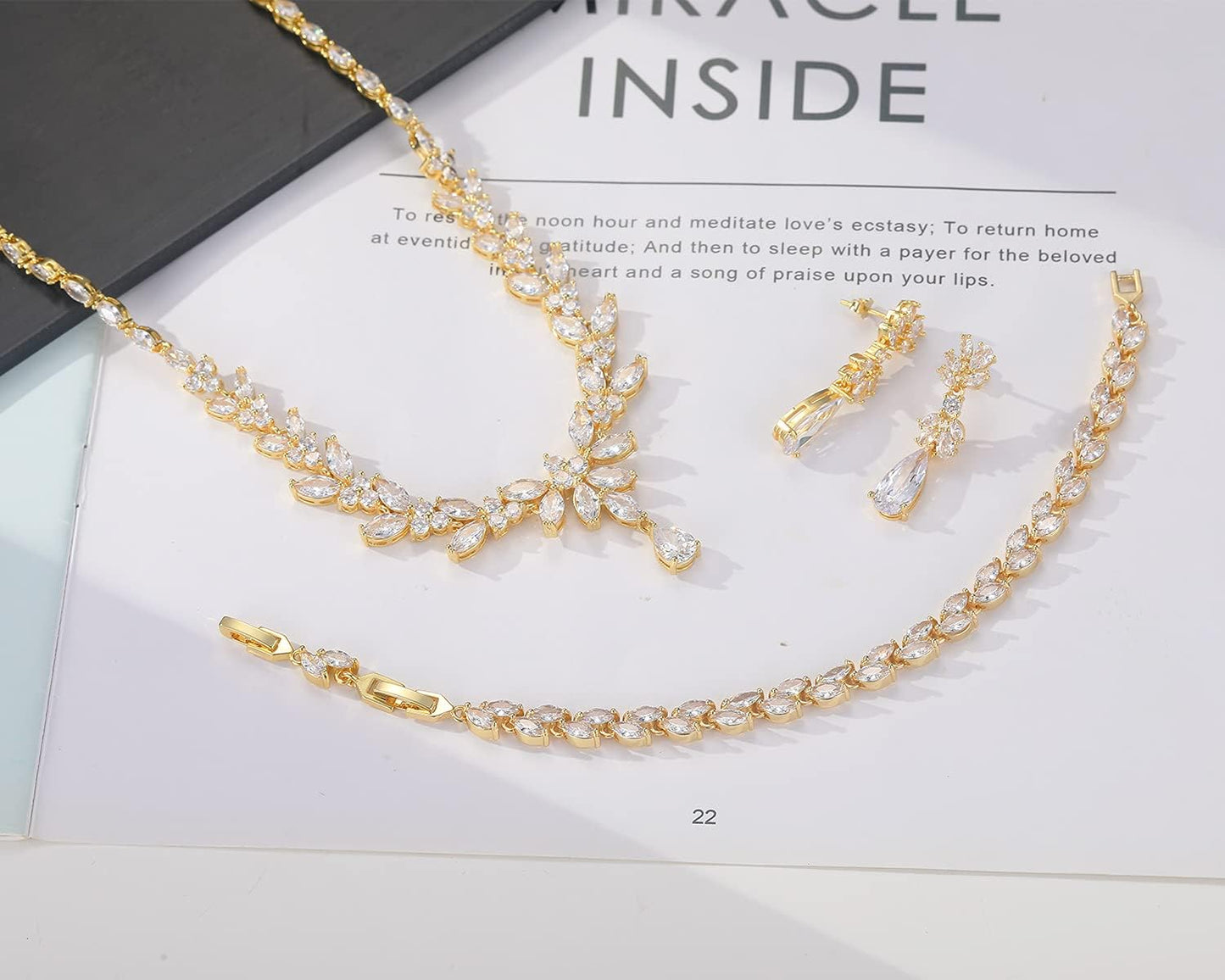 Jewelry Set for Women, Cubic Zirconia Necklace Dangle Earrings & Bracelet Jewelry Set for Bride Bridesmaid Wedding Engagement Prom Party