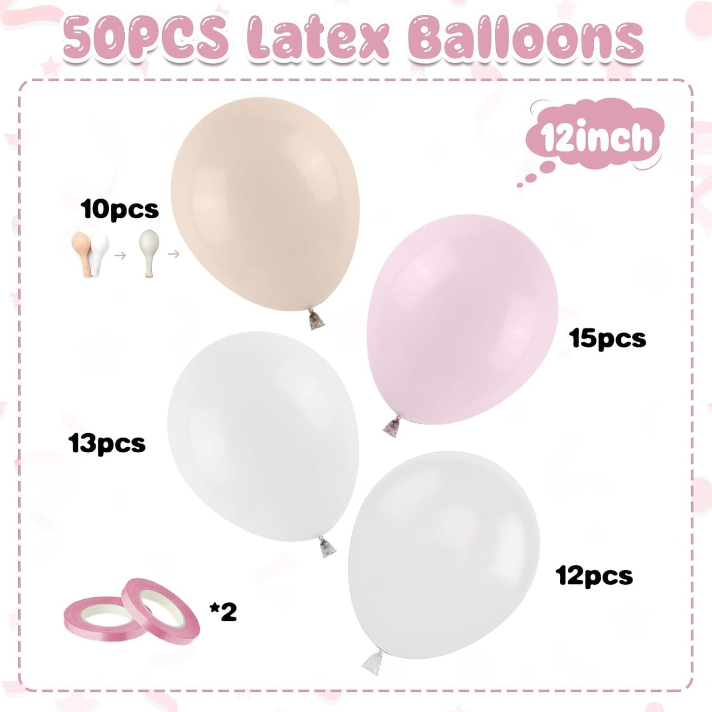Blush Pink Balloons, 50 PCS 12 Inch Double Stuffed Nude Cream Dusty Pink White Sand Latex Balloons for Bridal Baby Girls Shower Boho Bachelorette Birthday Wedding Party Decorations