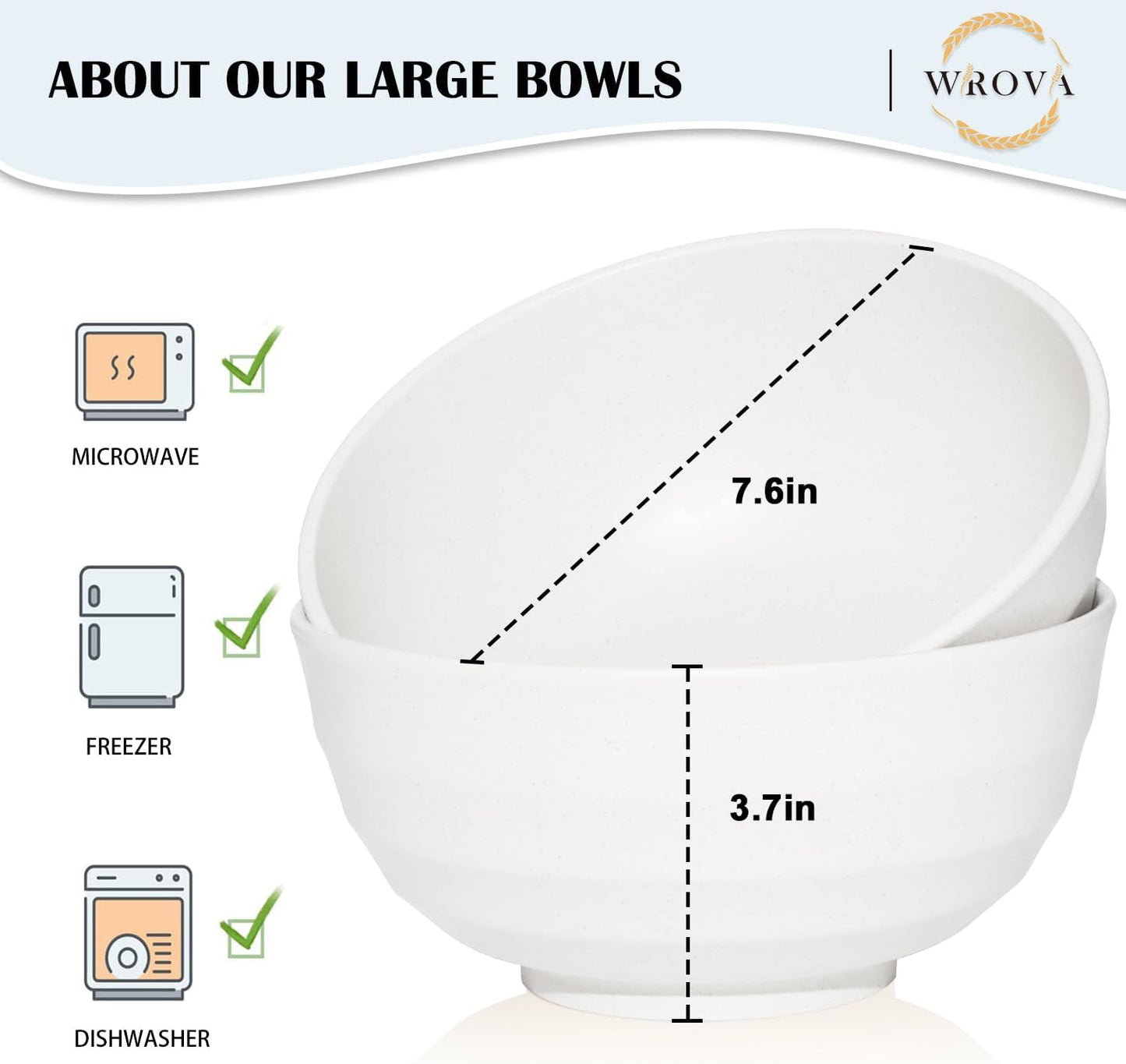 Wrova Wheat Straw Bowls Set 60 OZ, Unbreakable Large White Bowls Set of 6, Microwave and Dishwasher Safe Big Cereal Bowl for Dorm and Apartment, Salad Bowl for Serving Oatmeal and Popcorn (White)
