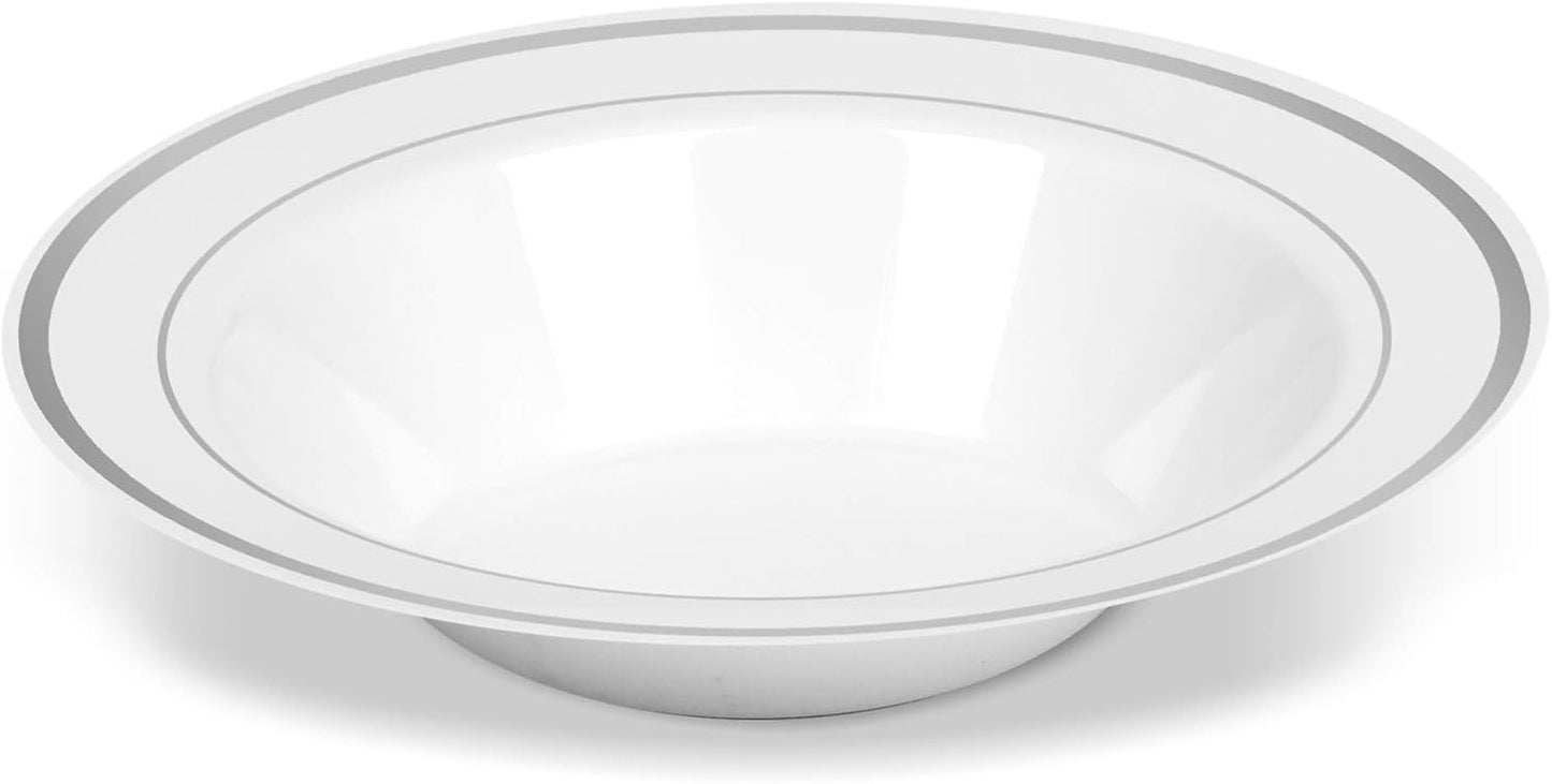 BloominGoods 50 Disposable White Silver Rimmed Plastic Soup Bowls | 14 oz. Premium Heavy Duty Disposable Dinnerware with Real China Design | Safe & Reusable (50-Pack White/Silver Trim)