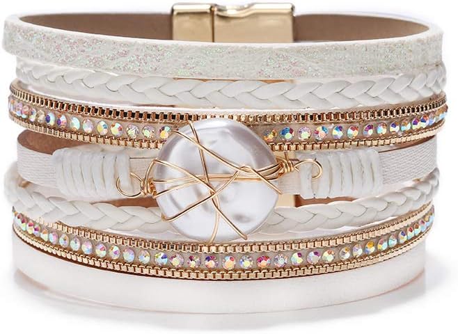 Fesciory Leopard Bracelet for Women, Boho Leather Wrap Multi-Layer Pearl Crystal Bracelet Bangle Jewelry