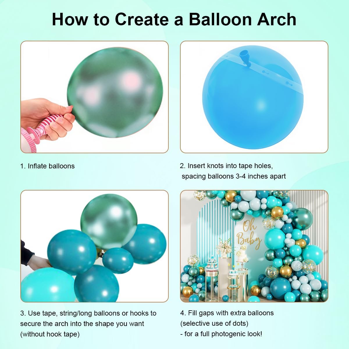 Teal Balloons Garland Arch Kit, 147PCS Teal Blue Turquoise Green Metallic Gold Balloons with Confetti for Wedding Baby Shower Birthday Party Decorations