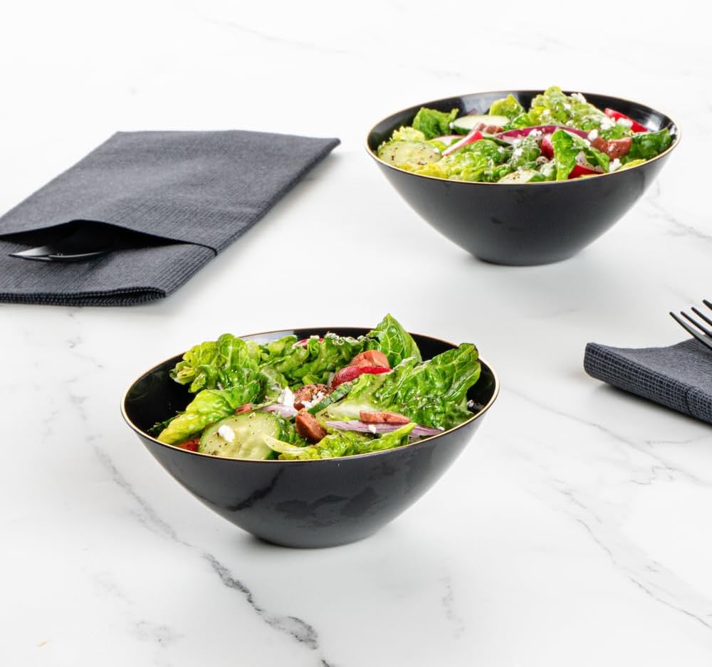 Restaurantware-Moderna 6 Ounce Plastic Bowls, 20 Durable Disposable Salad Bowls - Gold-Rimmed, Heavy-Duty, Black Plastic Fancy Bowl, For Warm And Cold Foods, Ideal For Restaurants