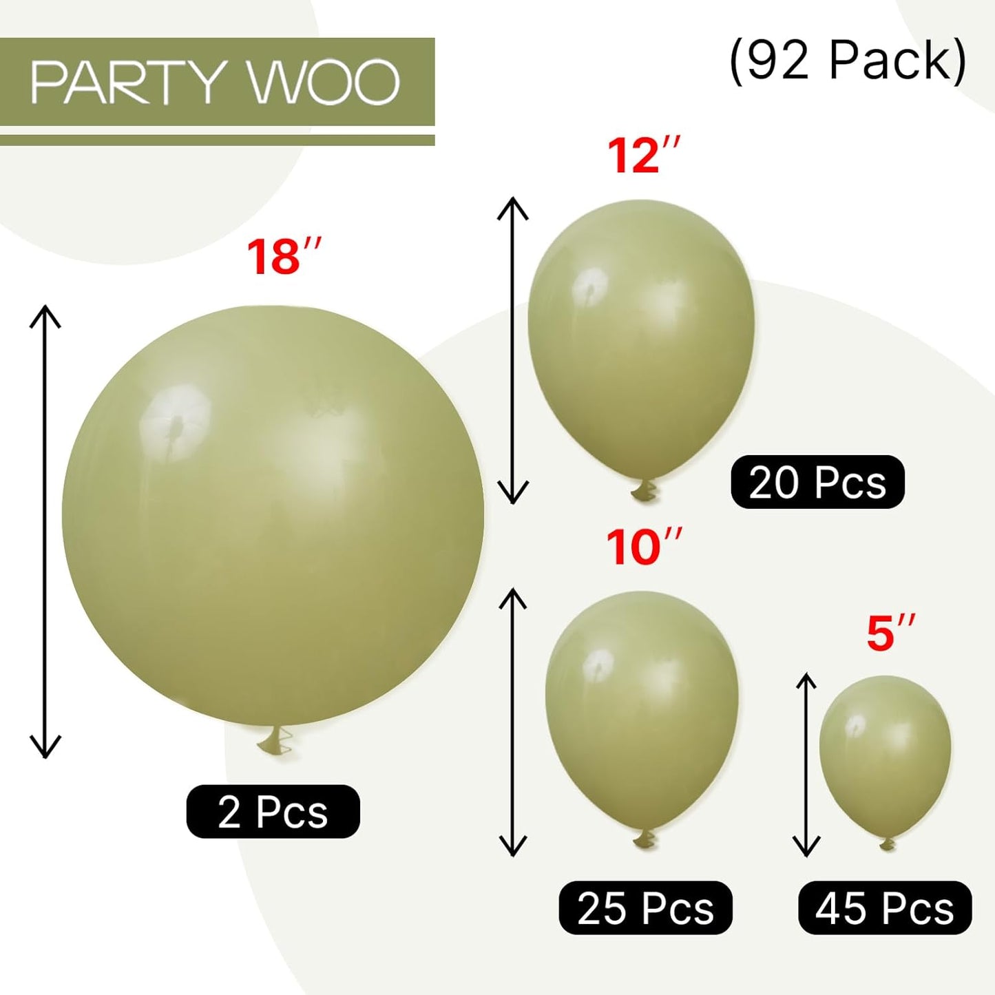 PartyWoo Sage Green Balloons 92 pcs Different Sizes of 18 12 10 5 Inch Matte Sage Olive Green Boho Neutral Eucalyptus Balloon Arch Kit Garland for Baby Shower Birthday Party Decorations Green-F11