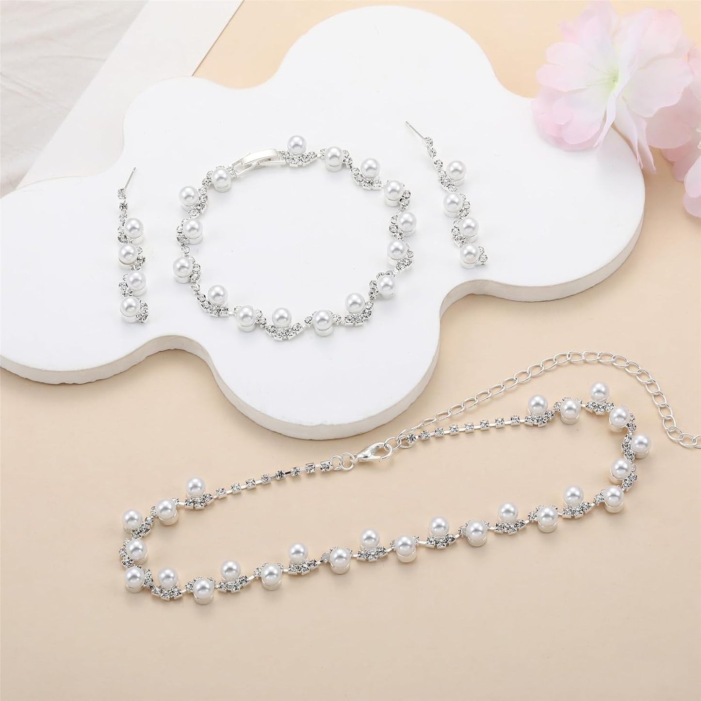 la luen Pearl Bride Wedding Jewelry Set Faux Pearls Crystal Rhinestone Necklace Earrings Bracelet Sets for Women Bridesmaid(3 PCS)