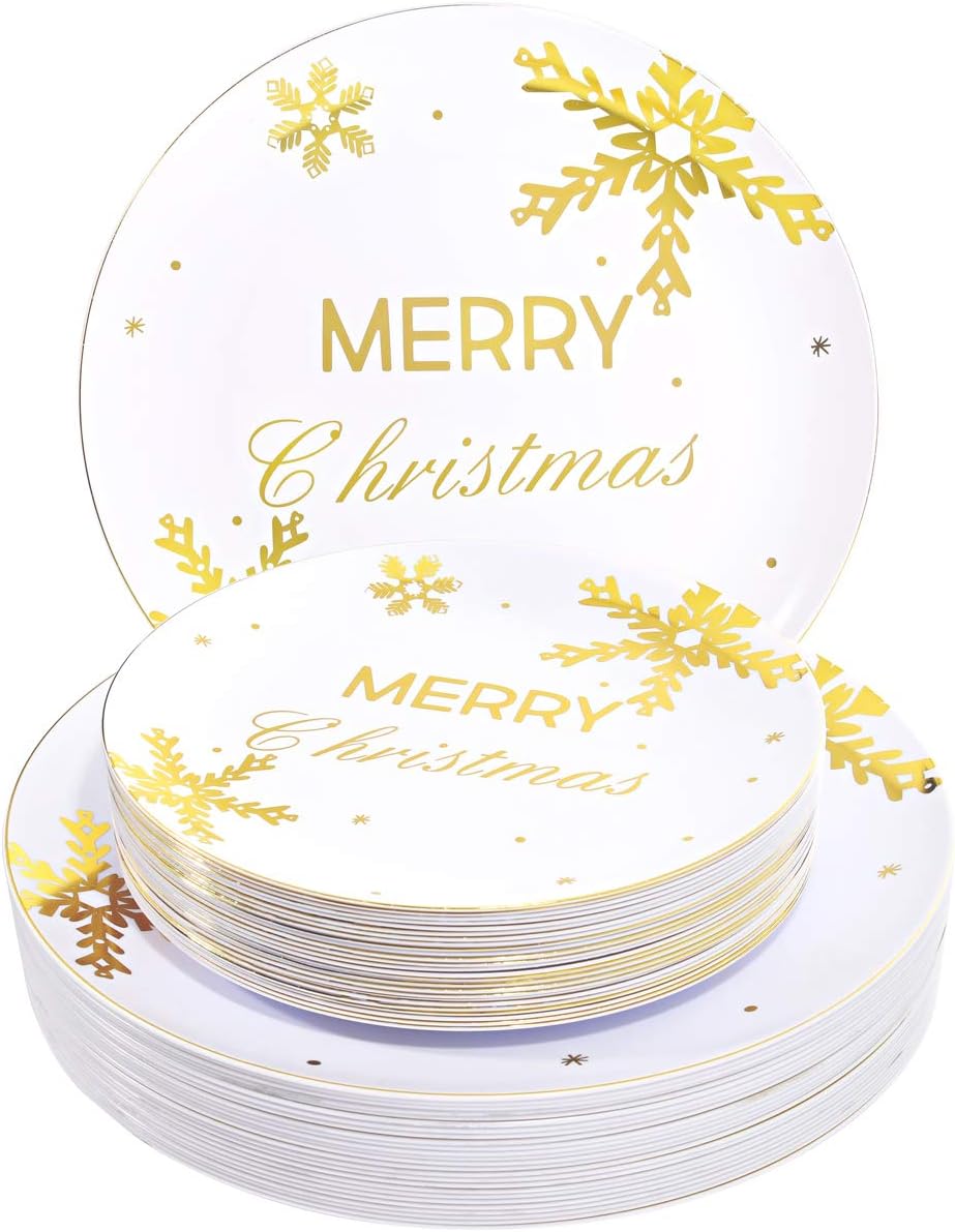 WDF 50Pieces Christmas Plates Gold Plastic Plates - Snowflake Plastic Plate-Heavyweight White and Gold Disposable Plate for Christmas
