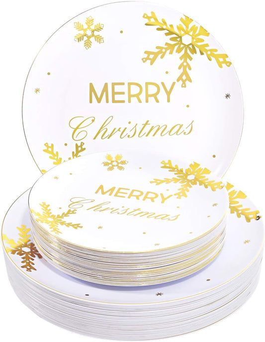 WDF 50Pieces Christmas Plates Gold Plastic Plates - Snowflake Plastic Plate-Heavyweight White and Gold Disposable Plate for Christmas