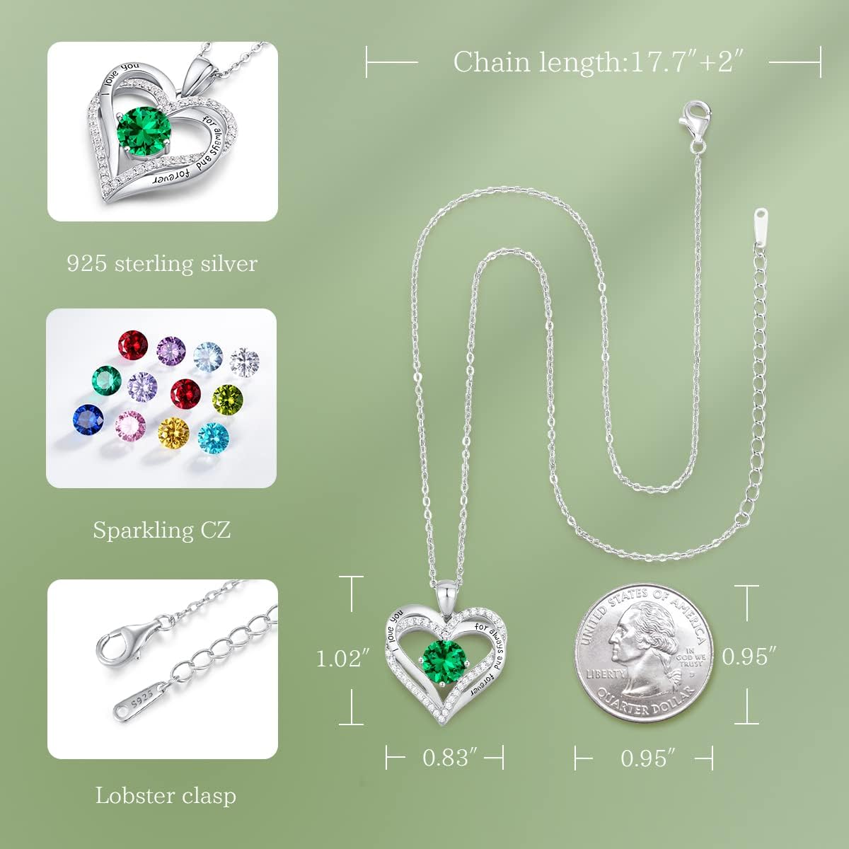 CDE Forever Love Heart Necklaces for Women, Wedding Anniversary, Birthday Mothers Day Christmas Day Gifts for Mom, Mother, Wife, friend, S925 Silver Jewelry with Birthstone Pendant