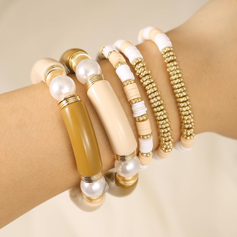 Friendship Bracelets for Women - Heishi Surfer Colorful Smile Evil Eye Clay Beaded Stretch Bracelets Elastic Layering - Stackable Boho Disc Y2K Aesthetic Summer Jewelry Set.