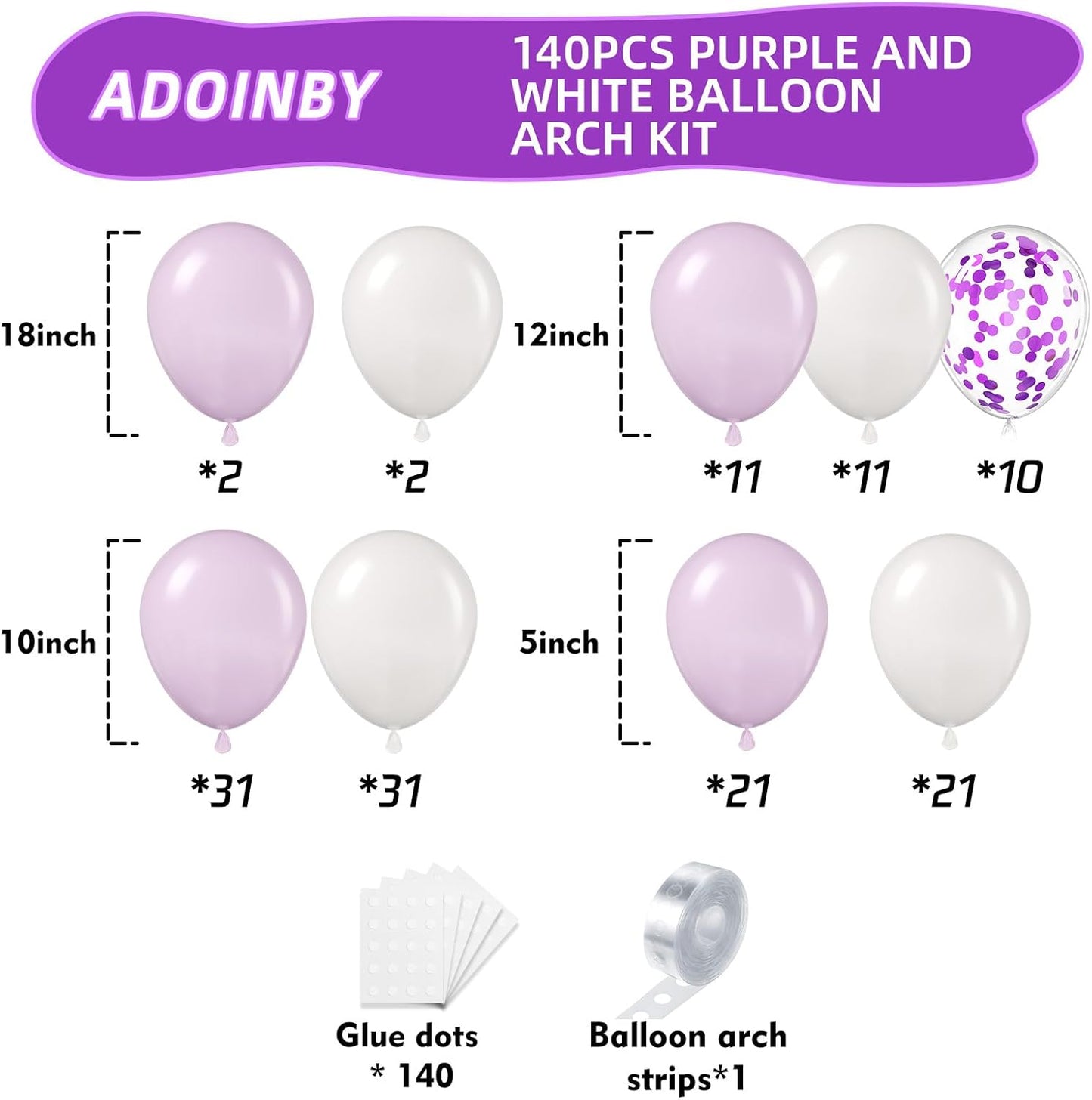 Purple Balloon Arch Kit, 140Pcs Light Purple White and Confetti Balloons Different Size Balloons for Baby Shower Bridal Shower Birthday Wedding Girl Princess Anniversary Party Decorations