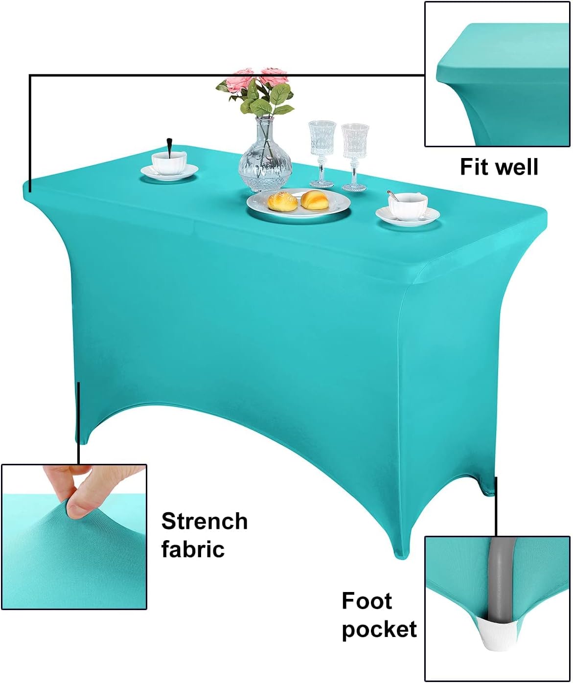 FORLIFE 2Pack Spandex Table Covers，Fitted Tablecloth for Rectangular Tables, Stretch Patio Table Covers, Universal Spandex Table Cover for Wedding, Banquet, Party (4ft, Turquoise)