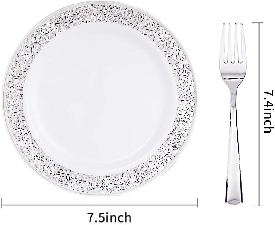 WDF 100pcs Silver Plastic Dessert Plates 7.5" with 100 Pieces Disposable Forks 7.4", Silver Plates Appetizer Plates Small Plates, Fancy Salad Plate and Cake Plate for Christmas Party/Wedding