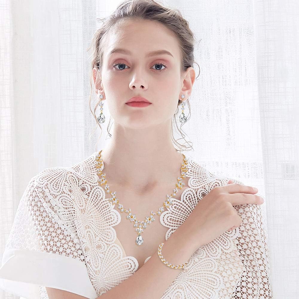 Hadskiss Jewelry Set for Women, Necklace Dangle Earrings Bracelet Set with White AAA Cubic Zirconia, Allergy Free Wedding Party Jewelry for Bridal Bridesmaid