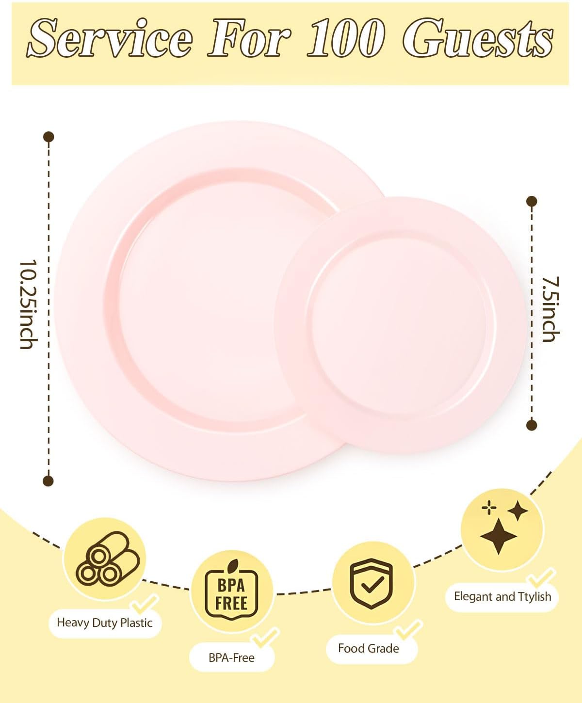 200PCS Pink Plastic Plates Set, 100 10.25 inch Dinner Plates and 100 7.5 inch Dessert Plates, Premium Disposable Plates for Party, Wedding