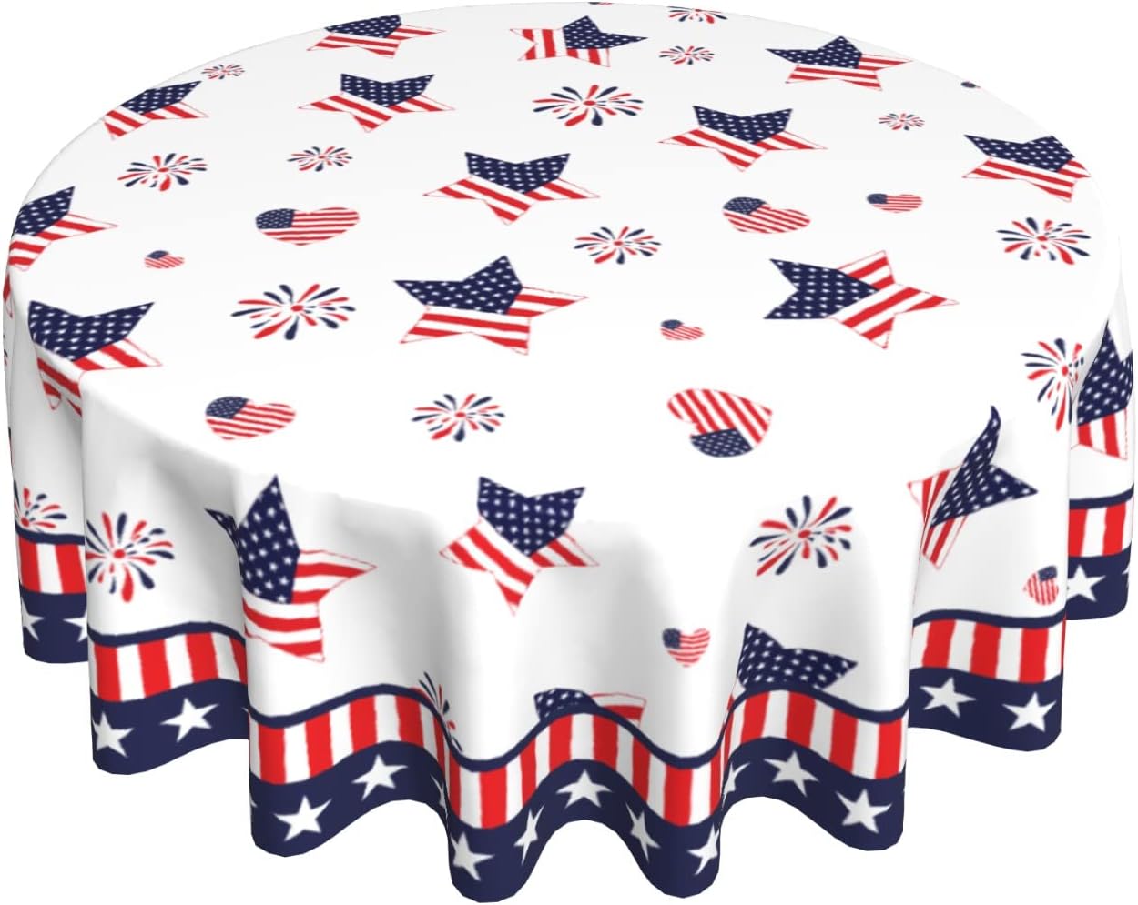 Giwawa Patriotic Round Tablecloth, 60 Inch Memorial Day USA Stars Hearts Firework Circular Table Cover for Kitchen Dinning Holiday, 4th of July American Flag Decorative Washable Table Cloth