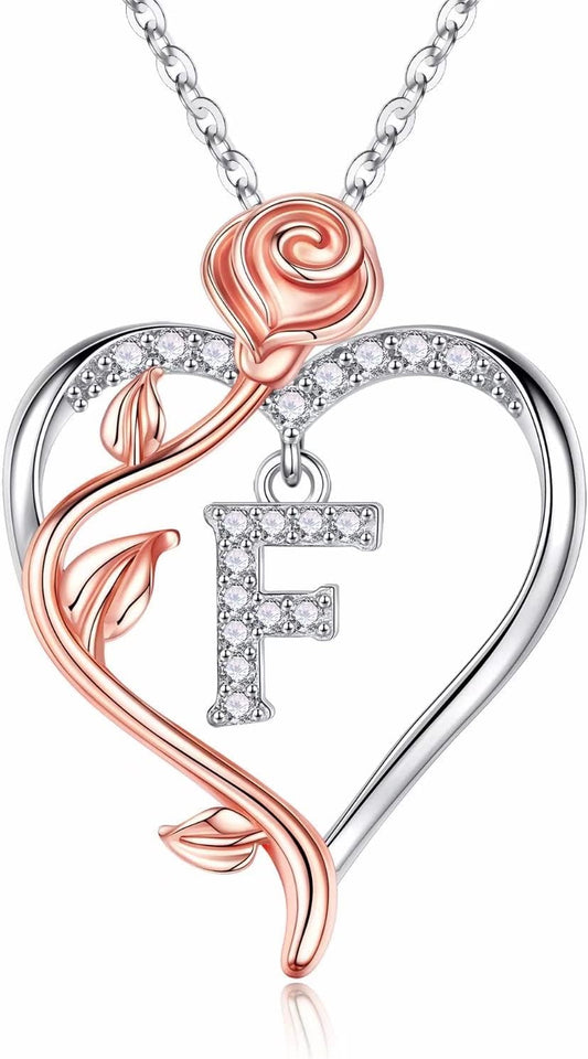 Iefil Christmas Gifts for Women Wife - 925 Sterling Silver Rose Heart Initial Necklace, Anniversary Birthday Gifts for Women, Jewelry Gift for Her Wife Girlfriend Mom Daughter