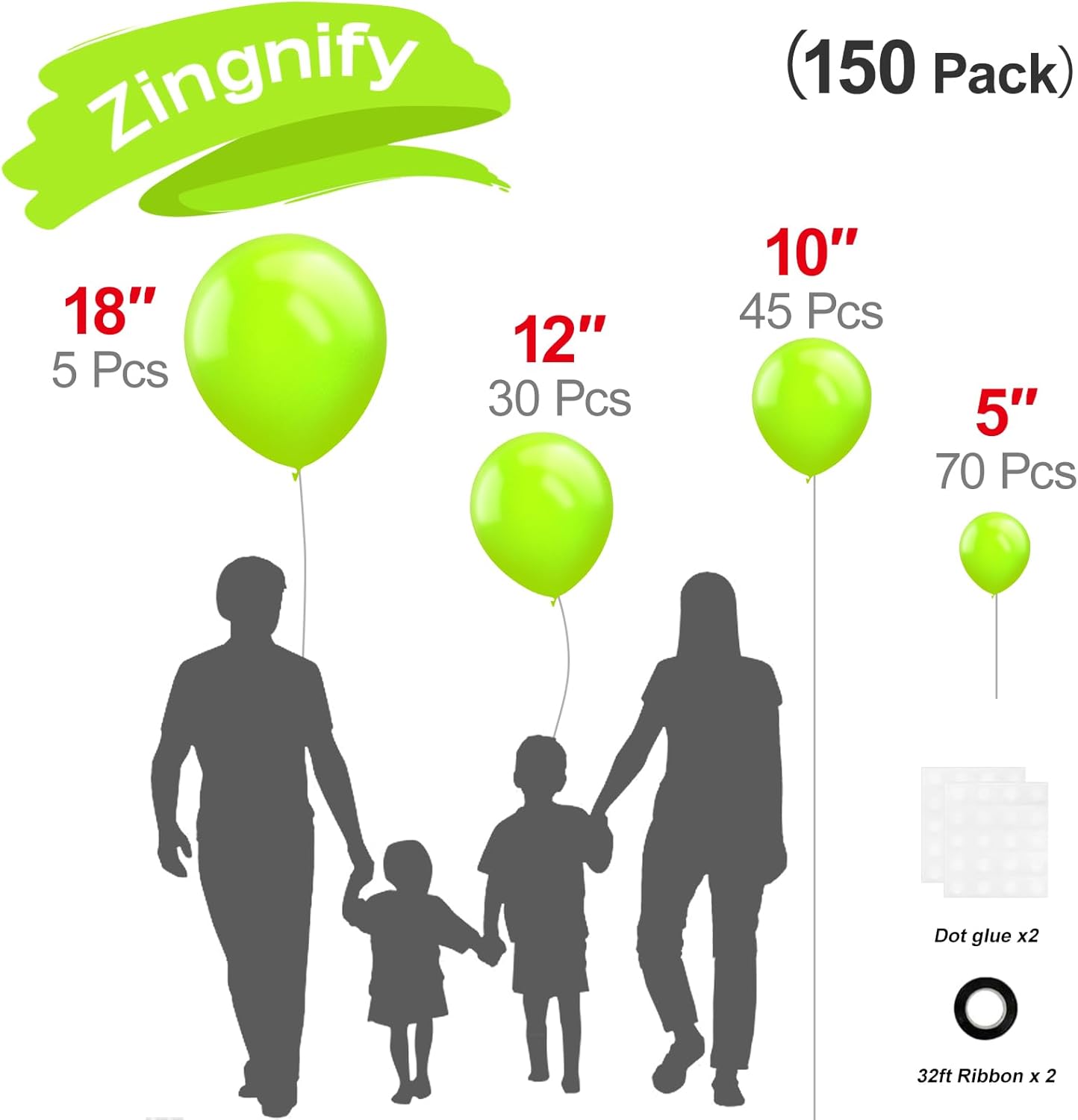 Lime Green Balloons, 150 pcs Different Sizes Pack of 18 Inch 12 Inch 10 Inch 5 Inch Yellowish Green Balloons for Balloon Garland Balloon Arch as Birthday Party Wedding Decorations