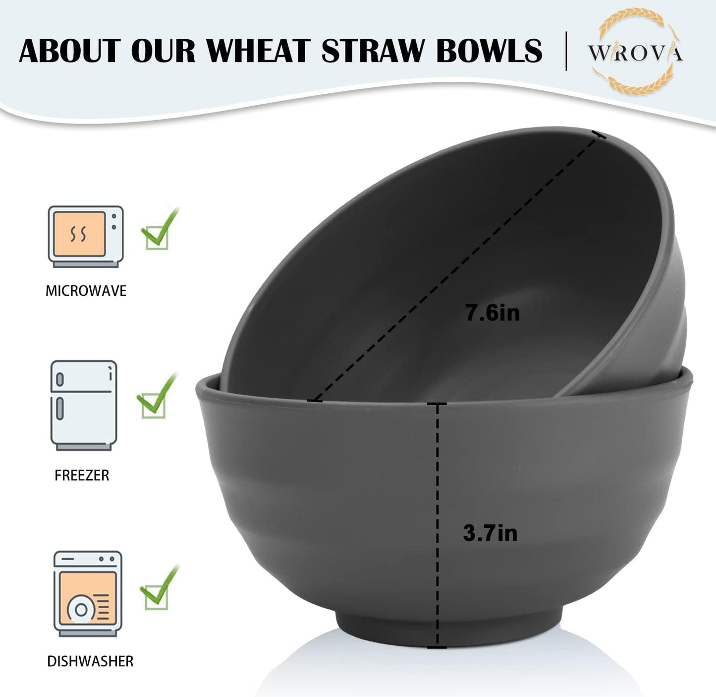 Wheat Straw Bowls Set 60 OZ Unbreakable Large Cereal Bowls Set of 6 Microwave and Dishwasher Safe Bowls Big Bowls for Apartment and Dorm BPA Free Soup Bowl for Serving Oatmeal and Salad (Deep Gray)