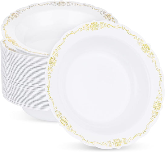 50 Pack White Plastic Bowls with Gold Rim, 12oz Disposable Soup Bowl, Heavy Duty Dinner Bowls for Party, Weddings, Dinners, Catering and Everyday Use