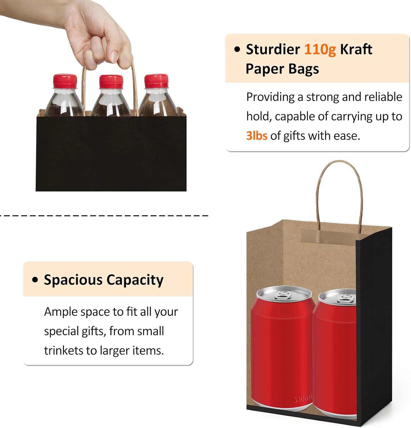 BagDream Small Gift Bags with Handles 50Pcs 5.25x3x8 Kraft Paper Bags Bulk for Party Favor, Retail, Merchandise, Wedding, Gifts, Recyclable Black Paper Sacks