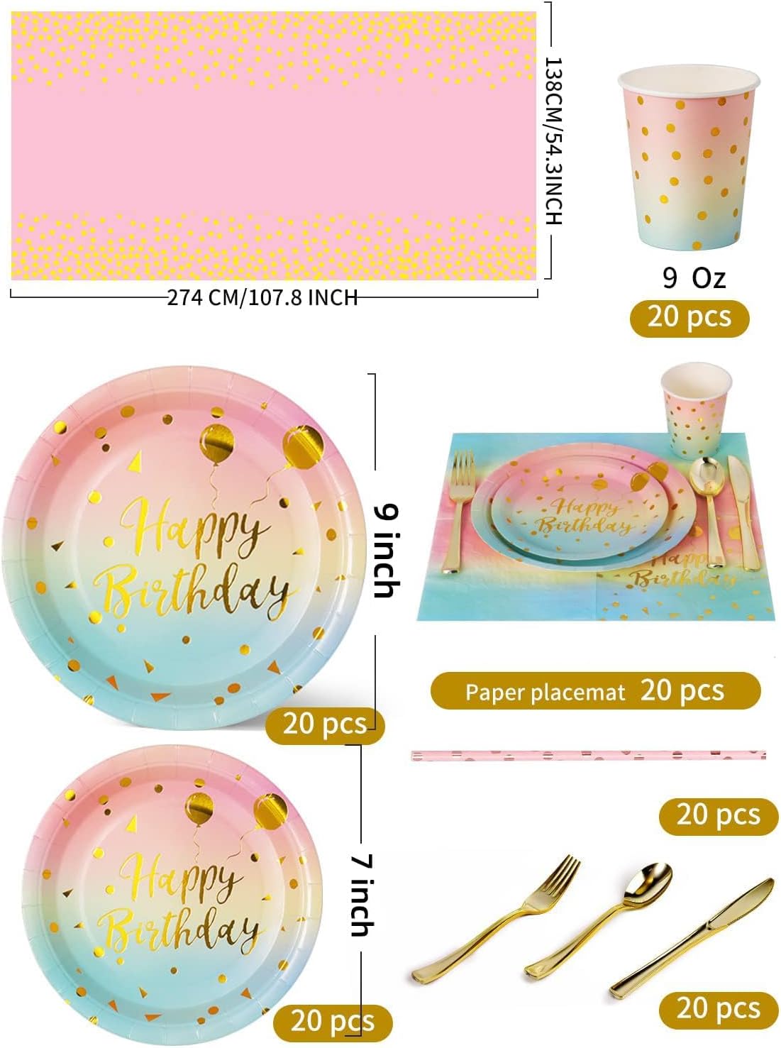 Birthday Party Tableware, 161 Pieces Rainbow gold Party Supplies, Party Dinnerware Sets Include Paper Plates Napkins Cups Silverware, for Shower Engagement Parties Decoration -20 Serves