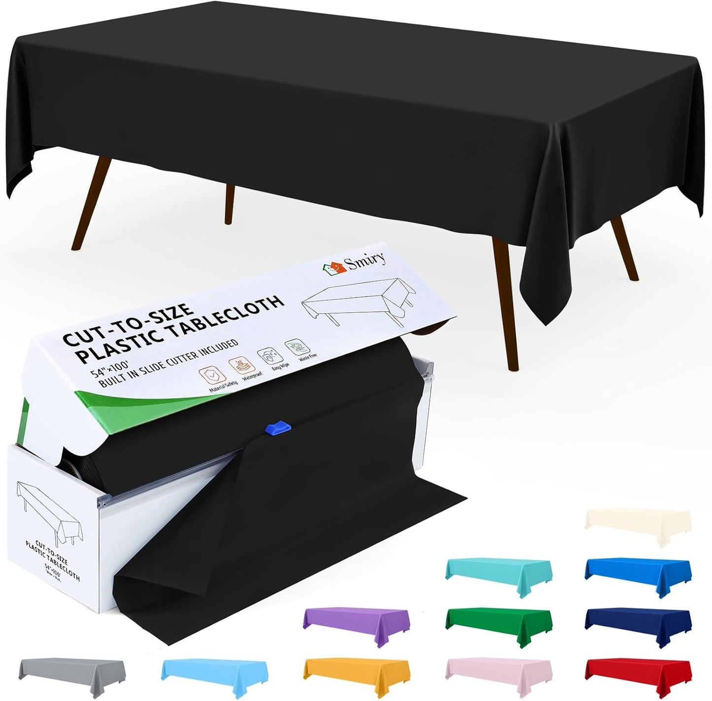 Smiry 54 Inch x 100 Feet Disposable Table Cover Roll, Black Plastic Table Cloth in Cut-to-Size Box with Slide Cutter, Waterproof Rectangle Tablecloths for Weddings, Banquets, Outdoor
