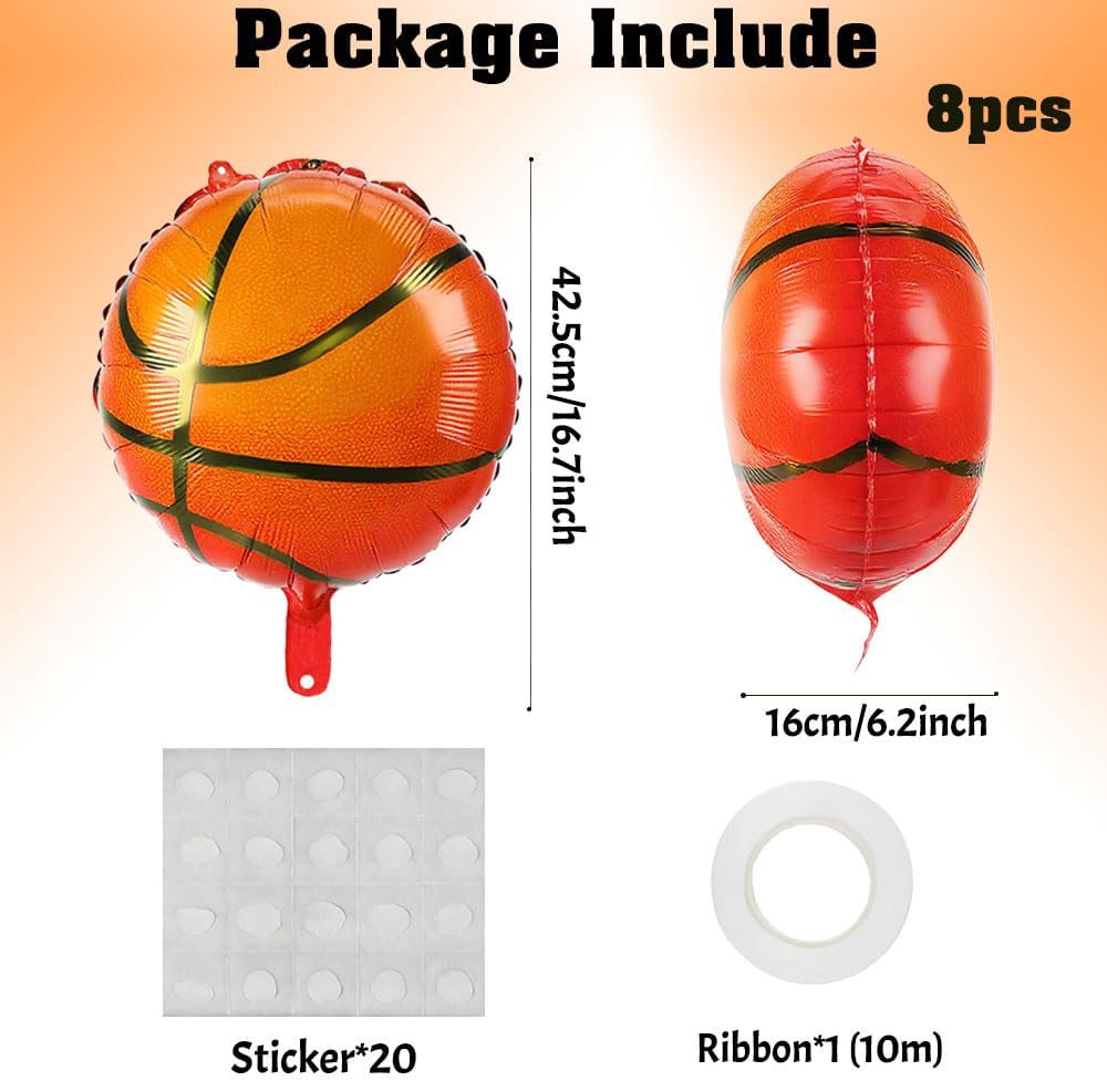 8 PCS 18 Inch Basketball Balloons Birthday Party Decorations Sports Giant Balloons Christmas Mylar Foil Helium Aluminum Balloon Kit for Party Supplies Favor Baby Shower Gender Reveal Sport Theme Decor