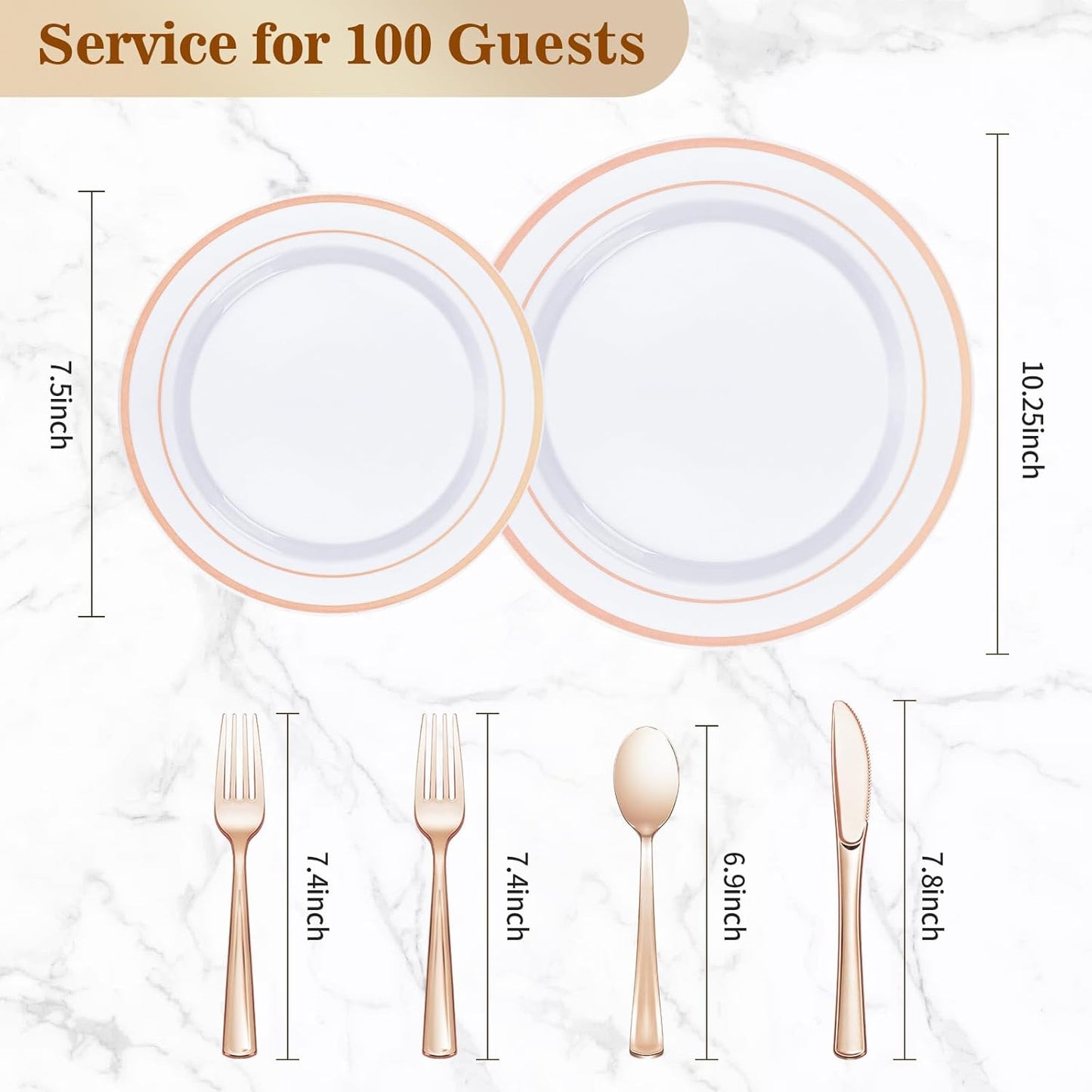 BESTVIP 600PCS Rose Gold Plastic Plate Set (100 Guests), Plastic Plates for Party Wedding Birthday, Disposable Dinnerware Set of 200 Plates, 200 Forks, 100 Spoons, 100 Knives for Christmas