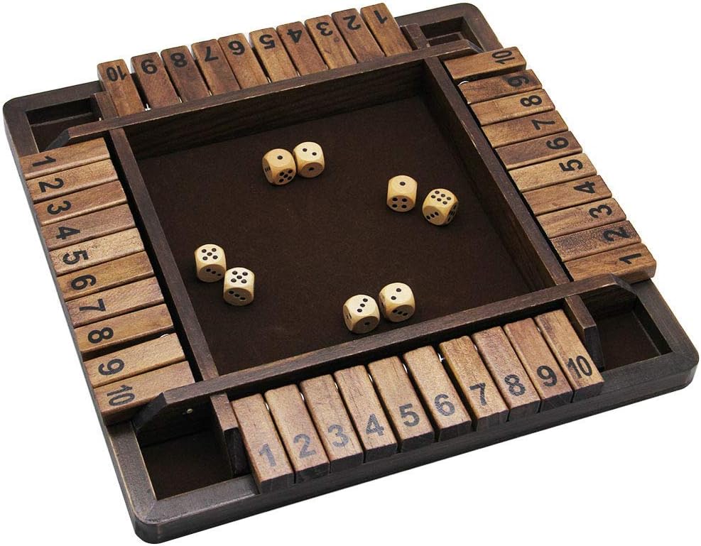 Juegoal Wooden 4 Players Shut The Box Dice Game, Classics Tabletop Version and Pub Board Game, 12 inch