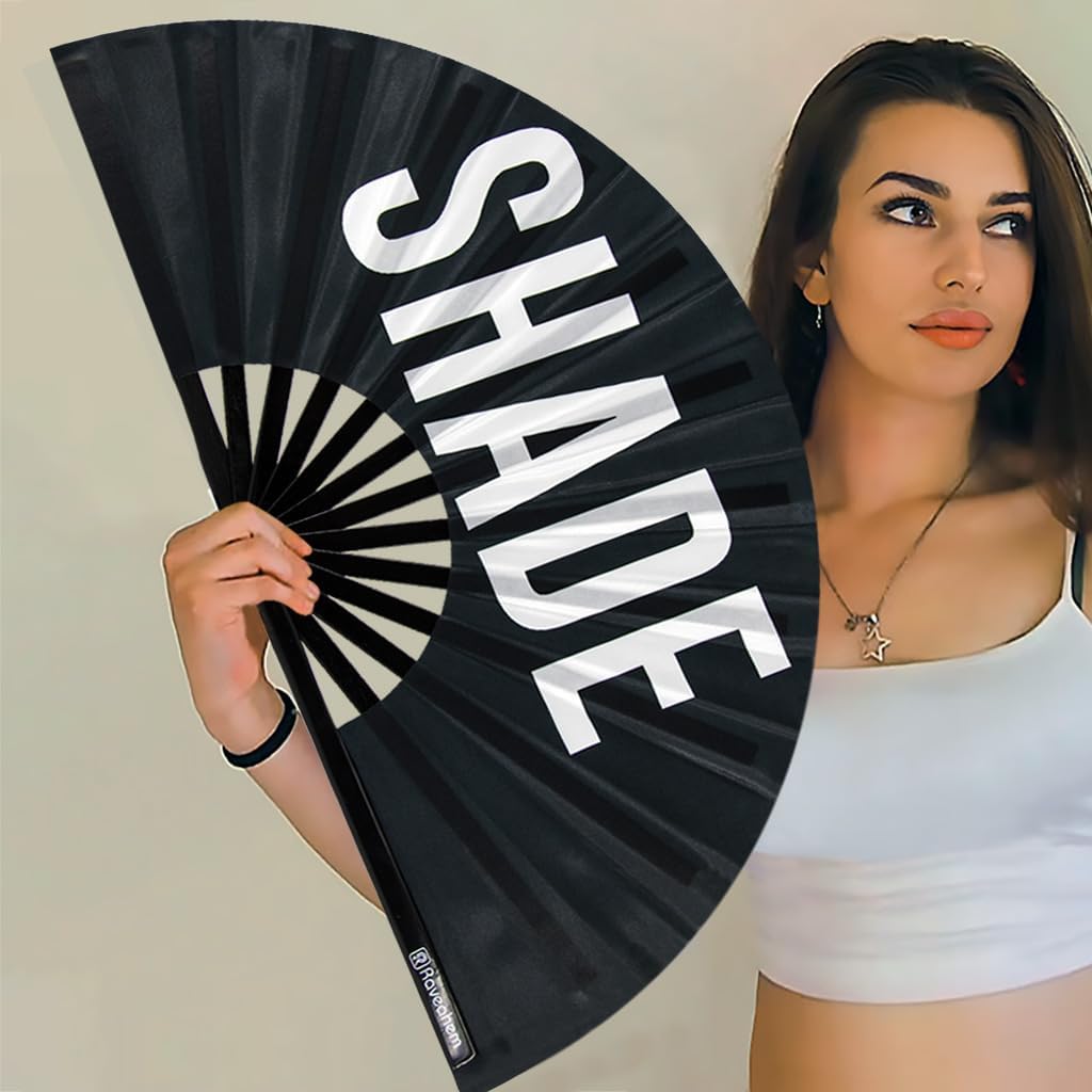 UV Glow Rave Fan, Bamboo Folding Clack Hand Fans Foldable for Men Women, Boots on the Ground Poping Fan for EDM Festival Line Dance Decoration, (Shade Pattern, Large 13")