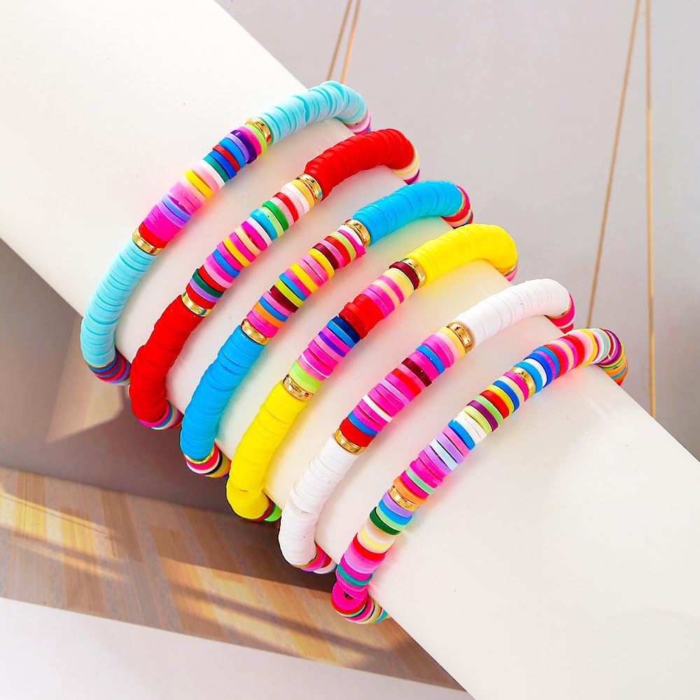 Friendship Bracelets for Women - Heishi Surfer Colorful Smile Evil Eye Clay Beaded Stretch Bracelets Elastic Layering - Stackable Boho Disc Y2K Aesthetic Summer Jewelry Set.