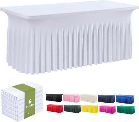 leegleri 6 Pack White Spandex Fitted Table Clothes for 8 Foot Rectangle Tables, Wrinkle Free 8ft Fitted Table Cover, Spandex Table Skirt for 8FT Rectangle Tables-for Banquet Weddings Parties