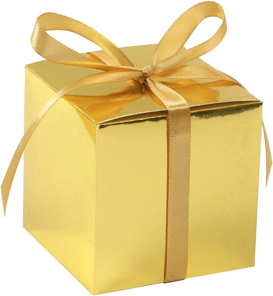 COTOPHER 60pcs Wedding Favor Boxes, Paper Gift Boxes 3x3x3 Inches Small Gift Boxes with Ribbons Small Boxes for Gifts, Crafting, Cupcake, Candy, Bridesmaid Proposal Boxes (Metallic Gold)