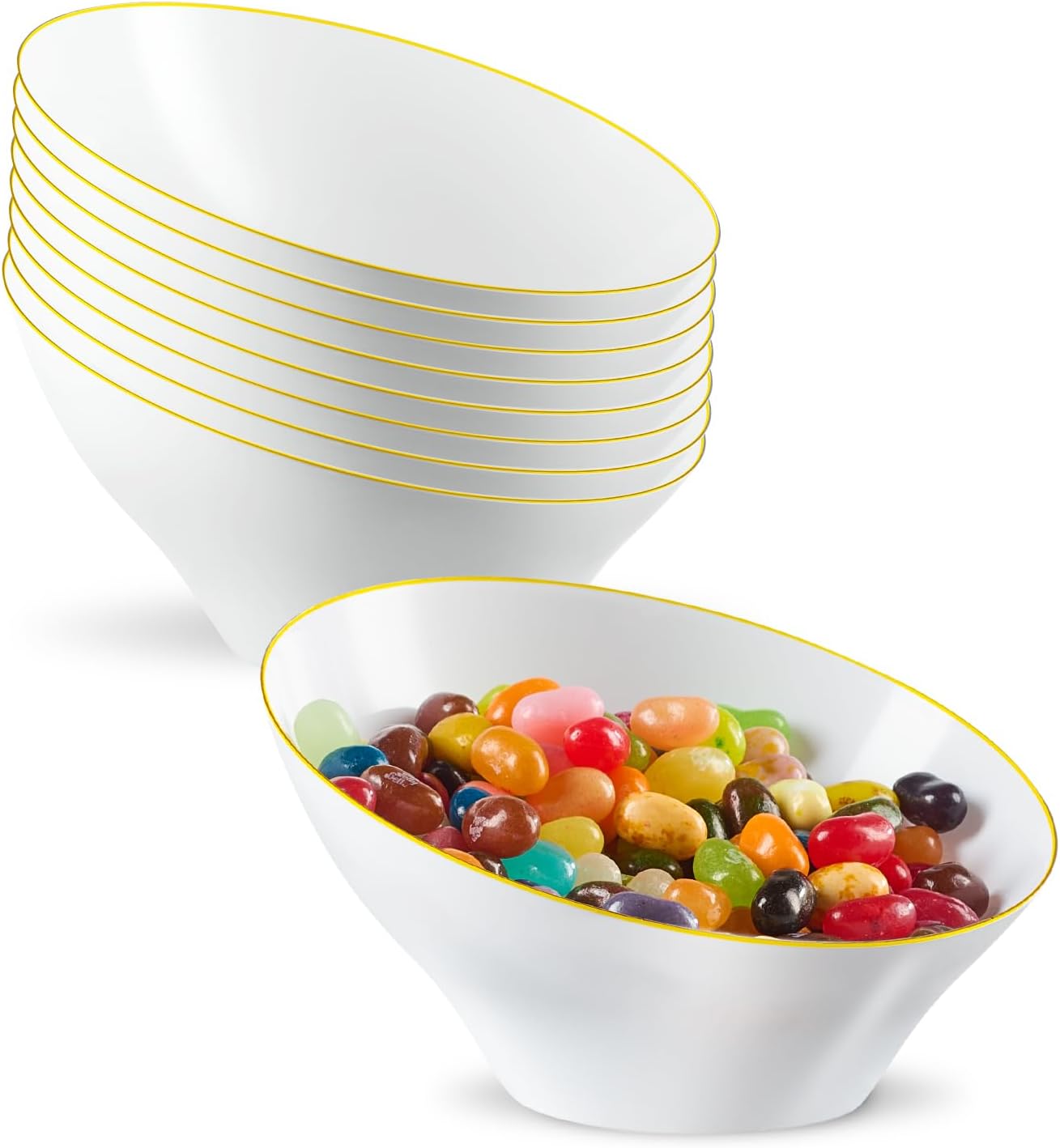 PLASTICPRO Angled Plastic Bowls Disposable Small Plastic White Serving Bowls with Gold Rim for Party for Appetizer Salads Pack of 8