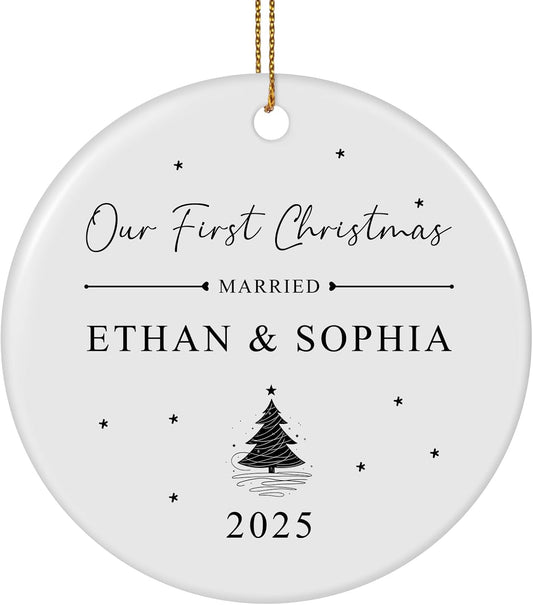 Personalized First Christmas Married Ornament 2025, Custom Engaged Christmas Ornaments with Names, Customized Wedding Engagement Gifts for Newlywed Couples Him Her