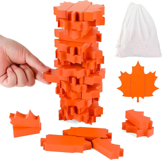 Tower Stacking Game Fall Maple Leaves Wooden Blocks Tumbling Tower and Balancing Game for Adults Thanksgiving Team Building Friends Group Coworkers Games Fun Party Activities