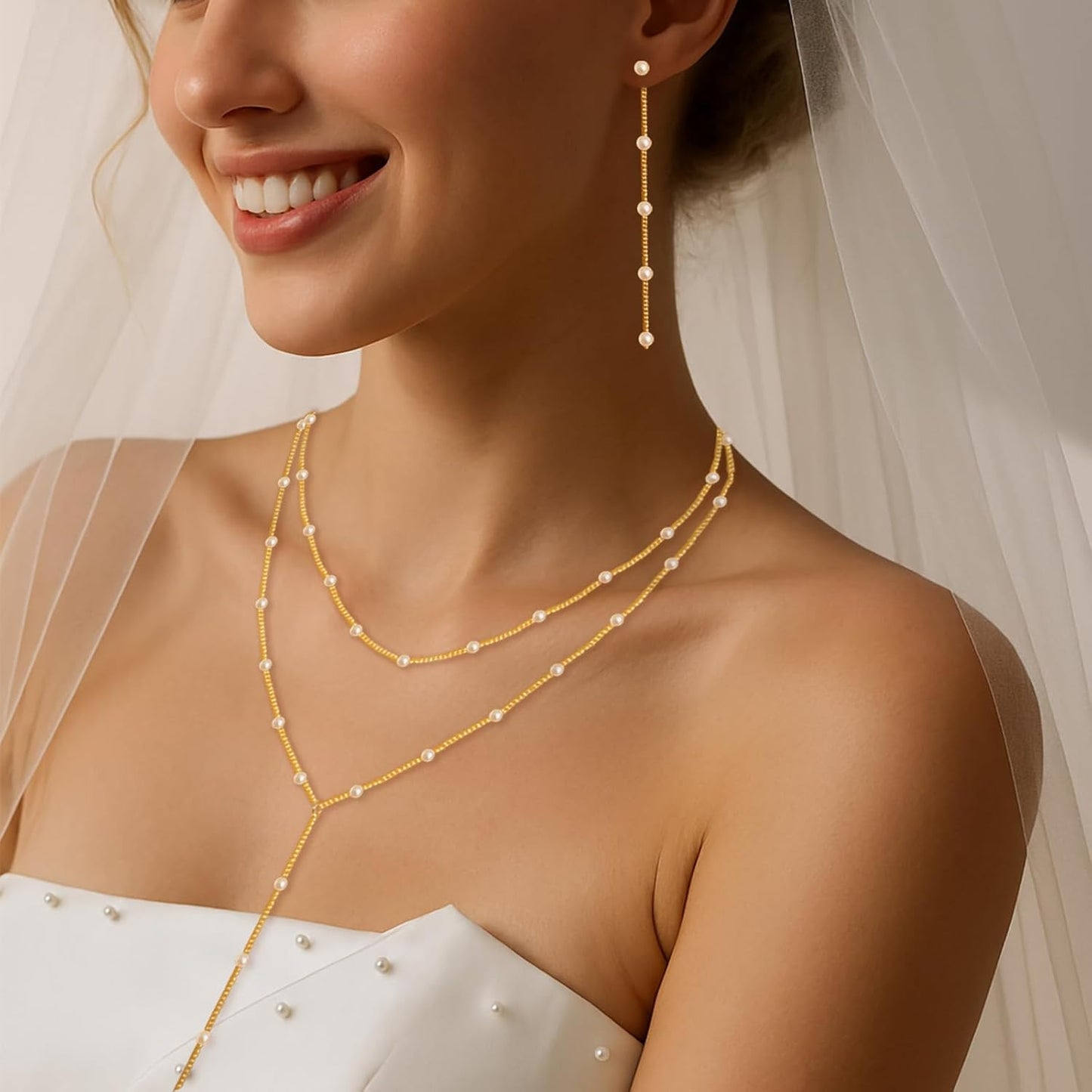 Gold Jewelry Set for Women - Dainty 14K Gold Plated Pearl Necklace and Earring Set with Drop Earrings, Bracelets, Choker Necklace - Wedding Jewelry Gift