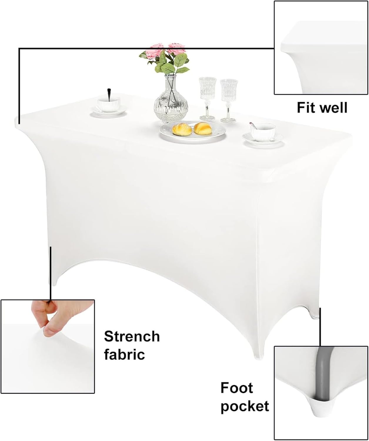 FORLIFE 6Pack Spandex Table Covers 4ft，Fitted Tablecloth for 4ft Rectangular Tables, Stretch Patio Table Covers, Universal Spandex Table Cover for Wedding, Banquet, Party - White