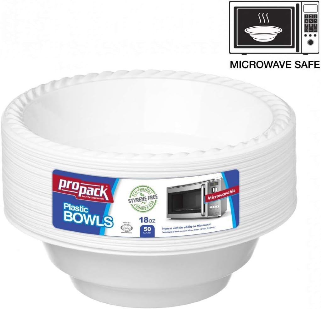 [50 Count] Disposable Plastic White 18 oz Heavy Weight Bowls, Great For Weddings, Home, Office, School, Party, Picnics, Take-out, Fast Food, Outdoor, Events, Or Every Day Use